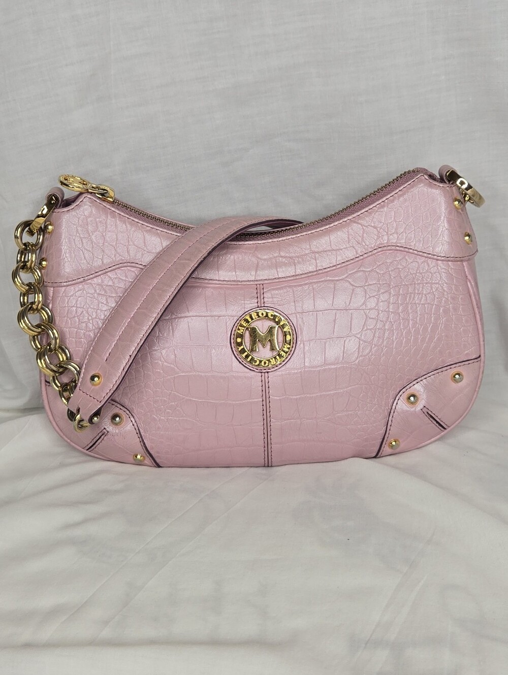 Metrocity Pink Alligator-embossed Shoulder Bag